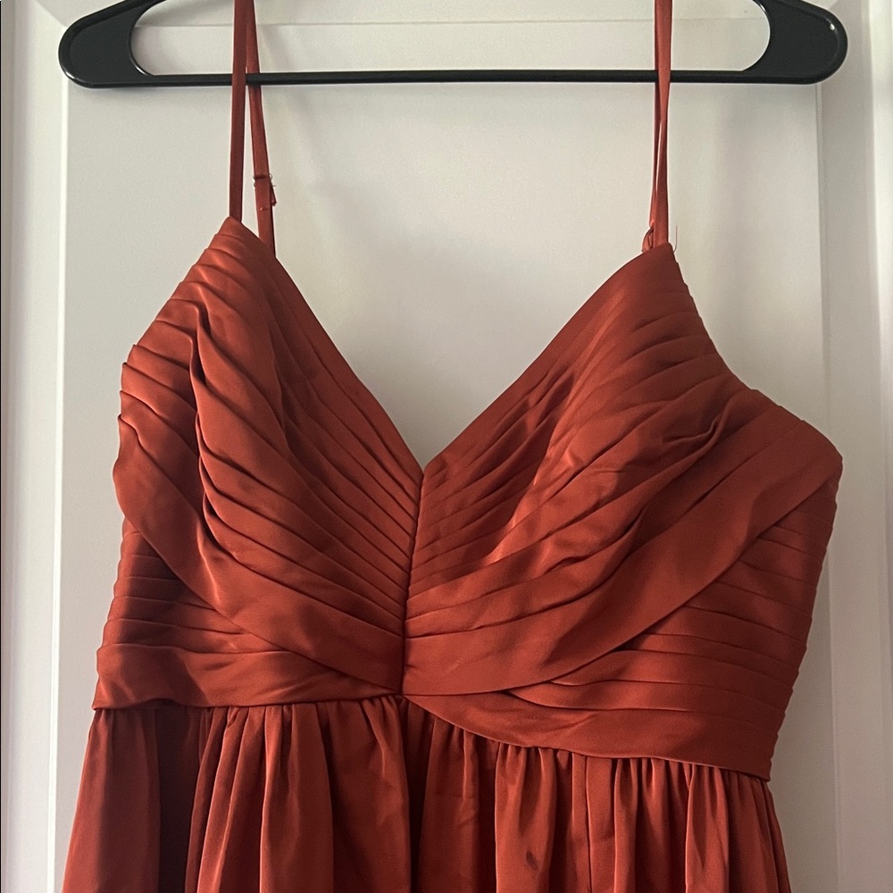 Azazie Rust Orange Pleated Spaghetti-Strap Maxi Dress